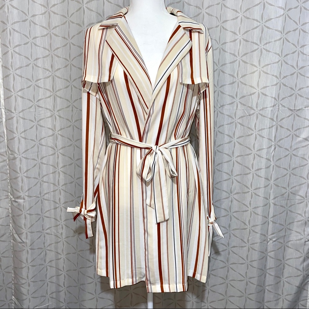 F21 Red And Cream Striped Belted Wrap Dress